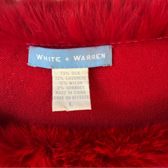 White + Warren Red Holiday Silk and Cashmere Fur Trim Sweater - Picture 3 of 6